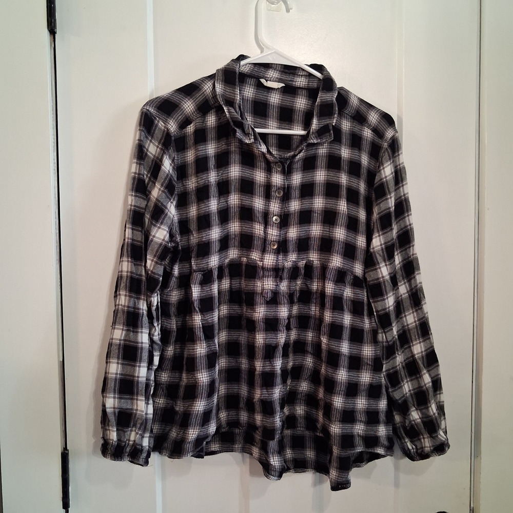 Aeropostale Plaid Blouse Womens XL Black Peplum Babydoll Boho Casual Fall Top